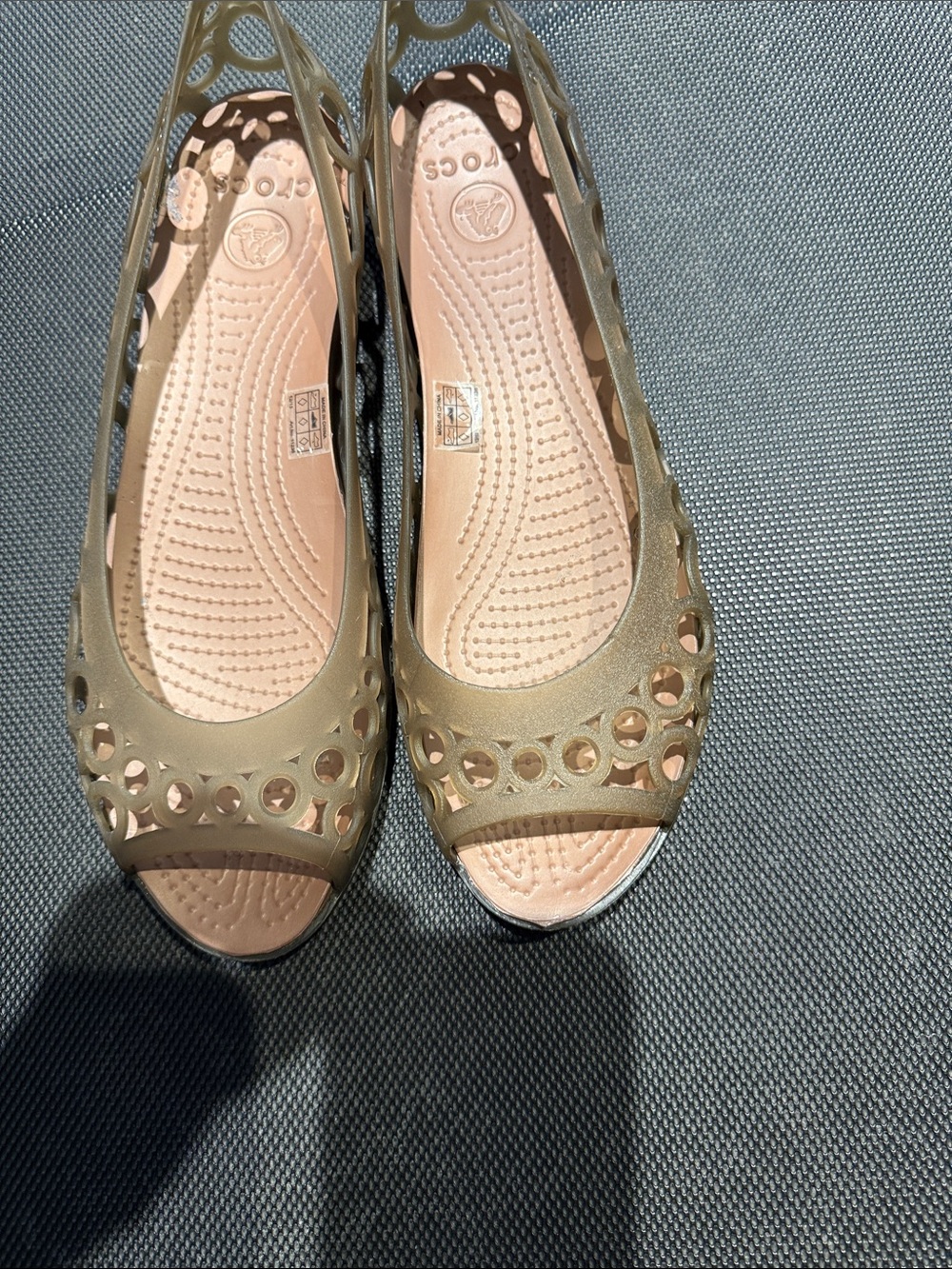 CROCS Olive Green Peep-Toe Laser-Cut Ballet Flats,size 10W